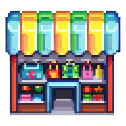 tiny simple shopping mall building icon, modern colors, minimal details, small size sticker