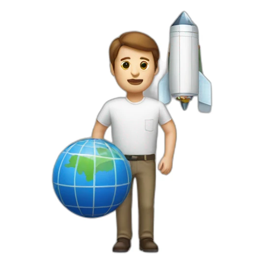Tall white man with brown hair carrying a small cube satellite sticker