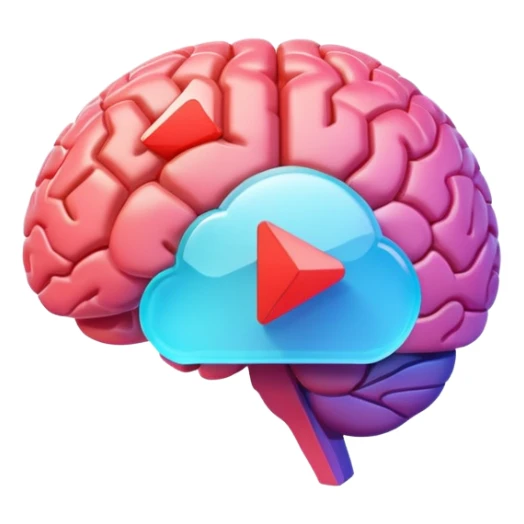 3D icon design, brain with YouTube play button symbol integrated into brain structure, glassmorphism style, soft shadows, gradient colors, modern app icon aesthetic, isometric view sticker