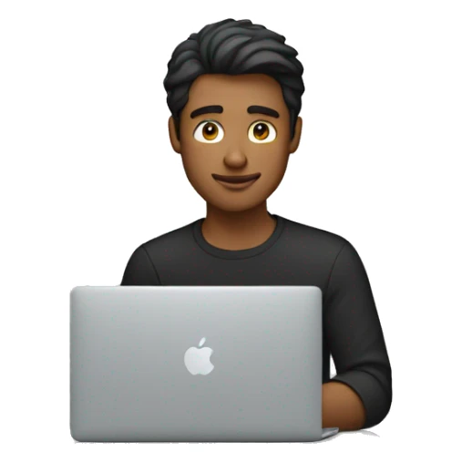 a guy wearing black shirt working behind a macbook sticker