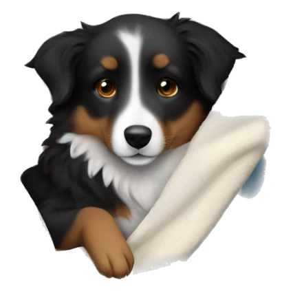 Small black australian shepherd dog sleeping with blanket  sticker