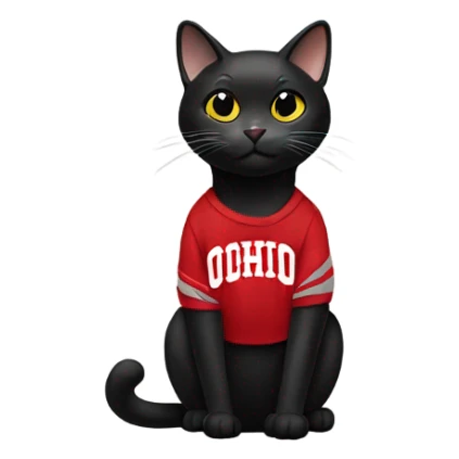 Black cat wearing an Ohio State University sweatshirt sticker