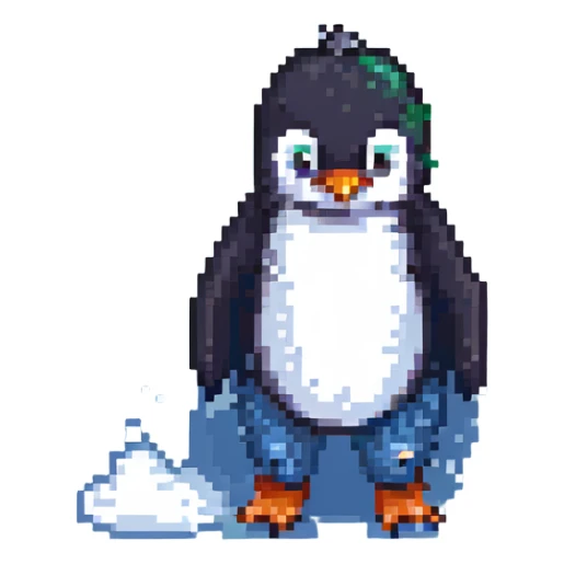 pixel art penguin in jeans, standing on ice, 8-bit style sticker