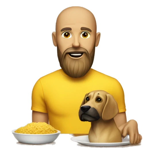 A yellow skinned man with beard with a plate in front of him on a table. there is a dog on the table. sticker