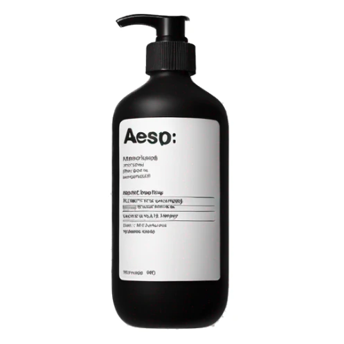 Liquid soap bottle by brand Aesop – black bottle with white label sticker