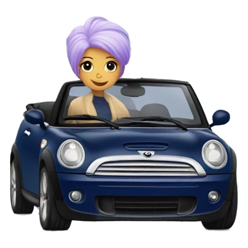 navy blue convertible Mini Cooper, with short, lilac colored haired woman driving sticker