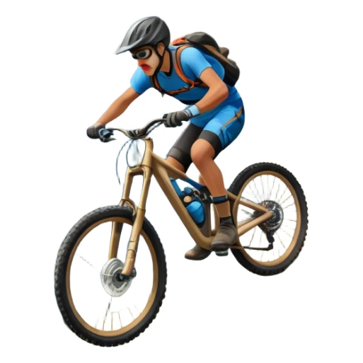 A thrilling downhill mountain biking scene! A rider in full gear speeds down a steep rocky trail, kicking up dust. The rugged mountain landscape surrounds them, with towering peaks, evergreen trees, and a bright blue sky. The rush of adventure is in the air. Transparent background. sticker