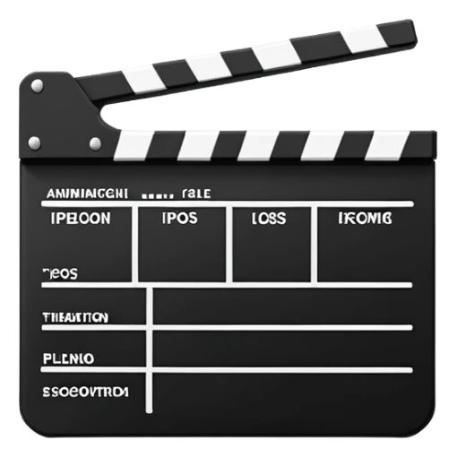 Side view of minimalist clapperboard, black and white with simple geometric shapes, iOS emoji style sticker