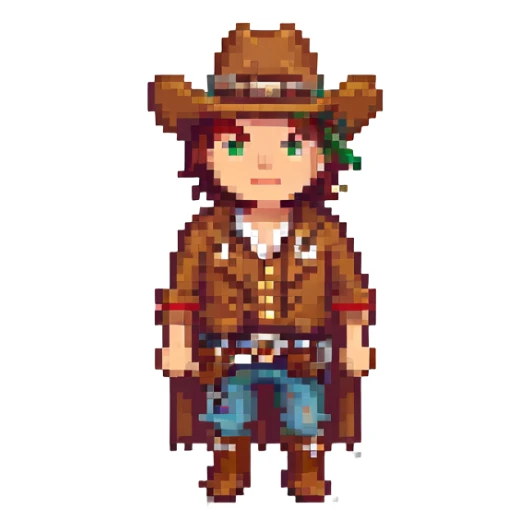 Wild West cowboy, detailed pixel art, vibrant colors, frontier town background sticker