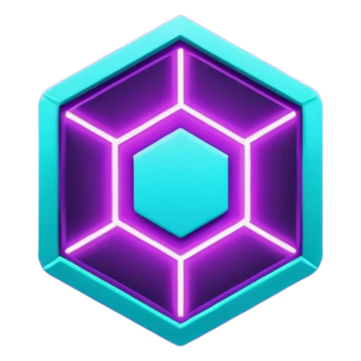futuristic minimalistic glowing hexagon icon, neon purple and cyan glow, dark background, tech modern symbol, 1:1 aspect ratio, no face sticker
