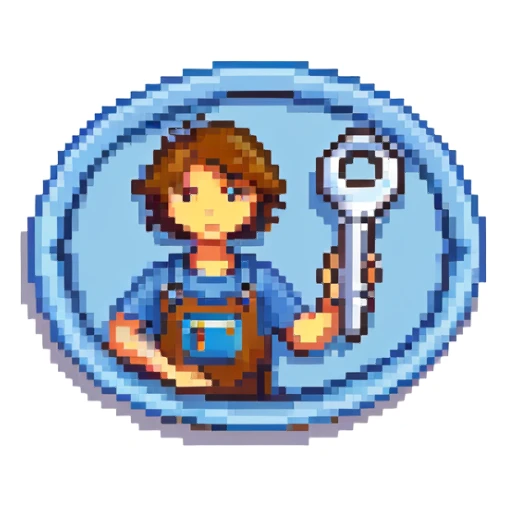 Oval badge shape with simple pixel art technician holding car tool key, bright colors sticker