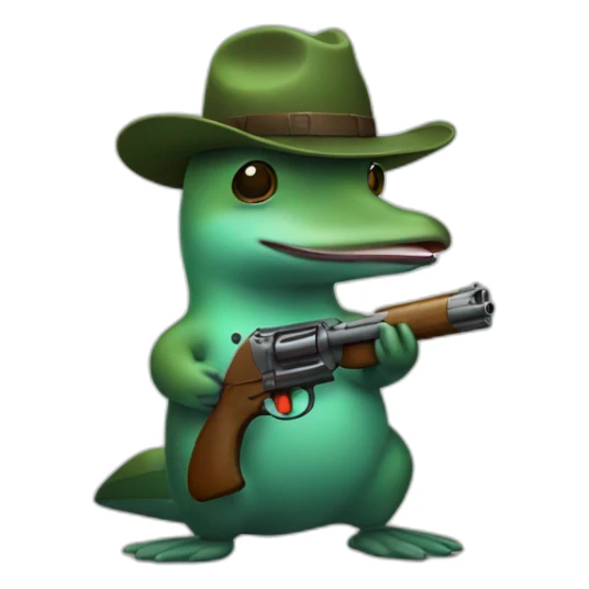 Green Platypus wearing a hat and holding a gun sticker