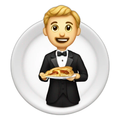 Man eating bosnian meal called Burek with fork and knife while wearing a tuxedo sticker