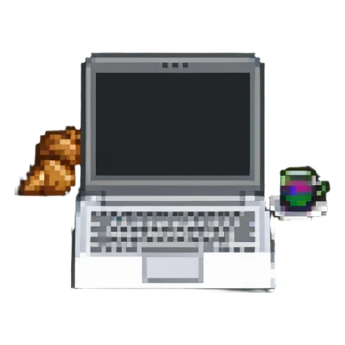 coffee shop accessories: laptop, notebook, and a croissant sticker