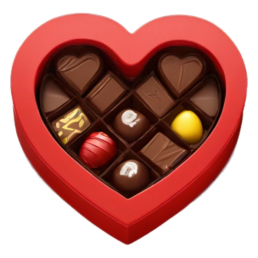 A heart shaped red chocolate box with a lid opened to reveal some chocolates inside sticker