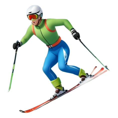 An icon featuring snowy peaks, pine trees, and a picturesque mountain landscape with a skier racing down a snow-covered slope. The sky is blue with soft clouds, capturing the thrill and beauty of alpine skiing. Transparent background highlights the excitement and serenity of winter sports. sticker