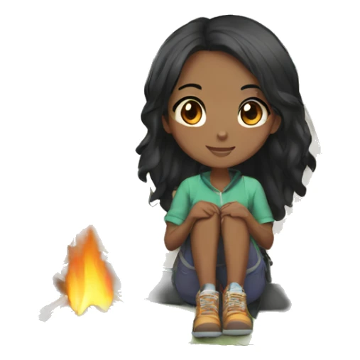 black hair anime girl in camping sticker