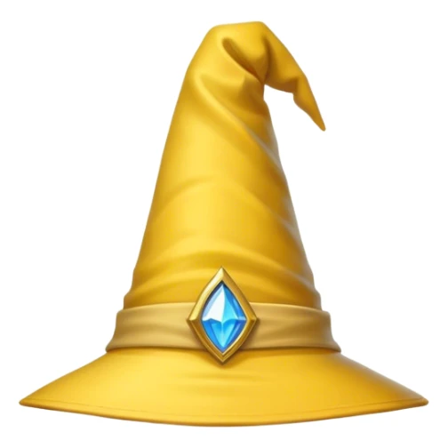 A yellow wizard hat with a classic pointed shape, slightly curved at the tip. The hat has a soft fabric texture with subtle folds, and a wide brim. The design is cartoon-style, with smooth shading, simple details, and a playful, magical look. sticker