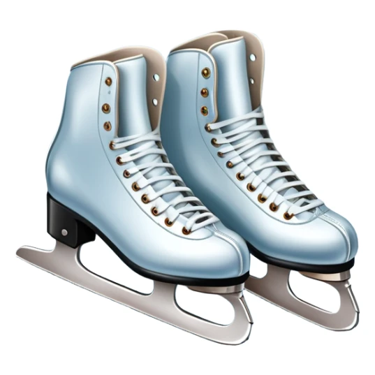 An icon featuring a pair of elegant figure skates resting on scratched ice in the center of an ice stage. The background shows distant spectator stands, with soft spotlights highlighting the skates. Transparent background emphasizes the quiet beauty of the scene. sticker