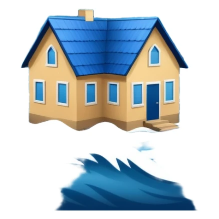 showing a flood disaster scene with powerful blue water waves overflowing around small houses and trees, dark cloudy sky, heavy rain falling, dramatic yet simple design sticker