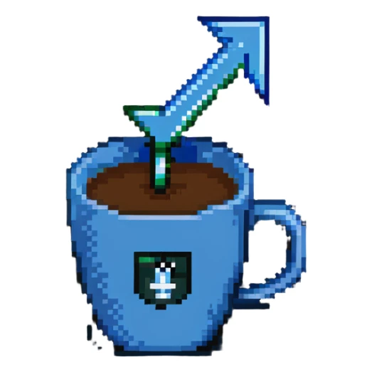 a cup of coffee with a rising stock market arrow sticker