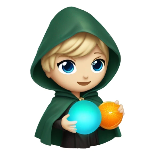 Taylor swift with blue eyes in dark green cloak holding an orange glowing orb sticker