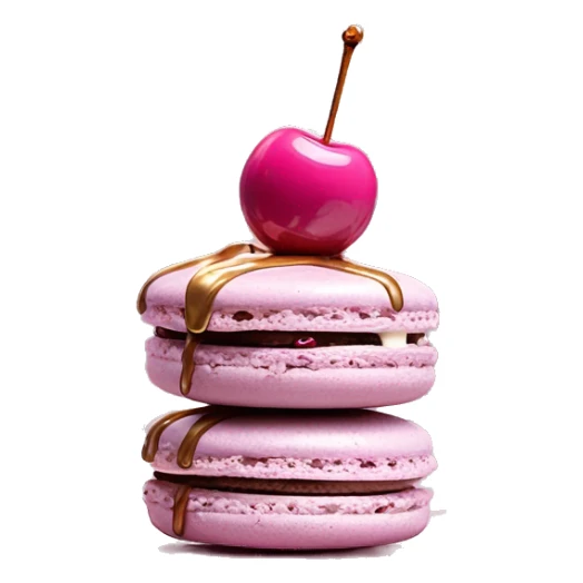 Single Realistic pastel macaron drizzled in metallic silver drip and pink cherry placed on top of the drip and cookies. sticker