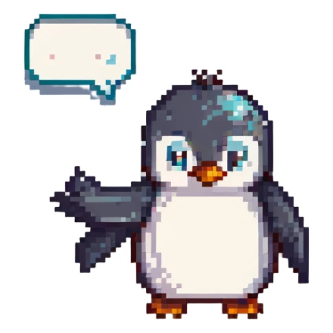 pixel art penguin waving with a speech bubble that says 'Abone ol' in Turkish sticker