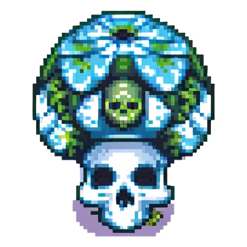 pixel art of a toxic mushroom with a skull pattern, retro game style sticker