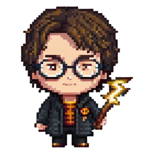 Harry Potter character with glasses and lightning bolt scar in pixel art style sticker