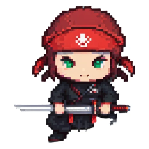 pixel art ninja with red headband, crouching, holding a sword sticker