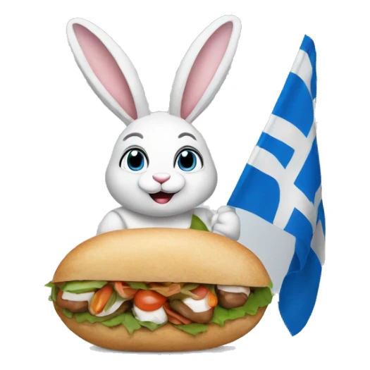 Easter bunny wearing a Greek flag holding a gyros sticker