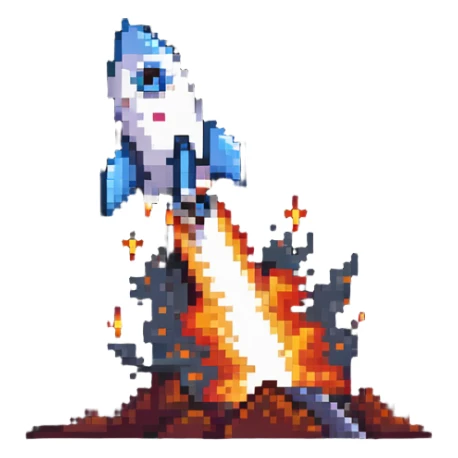 A pixel art rocket launching upward with fire and smoke trail sticker