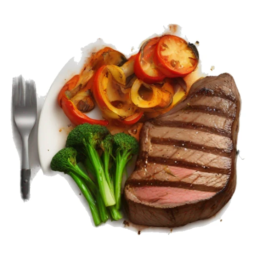 cooked steak and burnt veggies on a plate sticker
