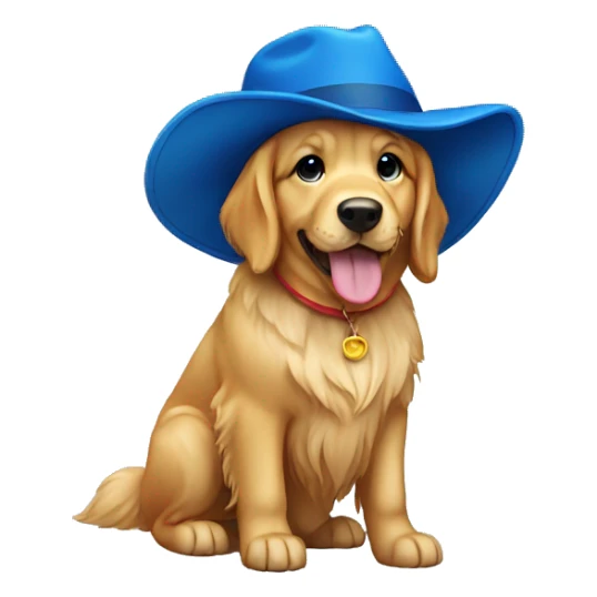 a golden retriever with a blue hat sticker