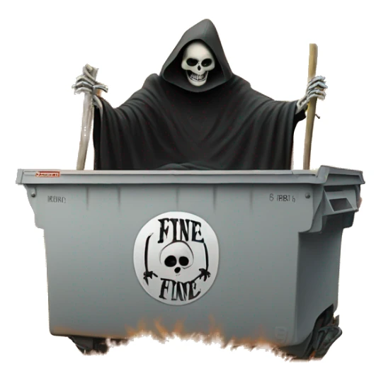 Grim Reaper sitting on a dumpster that's on fire, the dumpster has a sign on it that says Everything Is Fine sticker