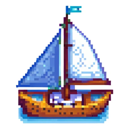 pixel art sailboat, small size, blue water, no text sticker