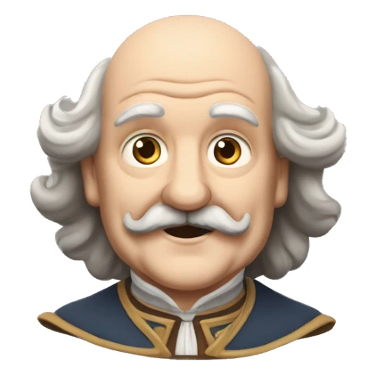 Short pudgy old man over enthusiastic happy excited face bald forehead long wavy gray and brown brunette long wavy hair moustache Shakespearean dress vintage clothes hamlet small arms sticker
