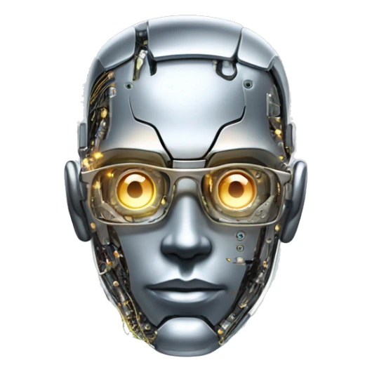Male cyborg head with metallic plated face, flat top, glasses and circuits sticker