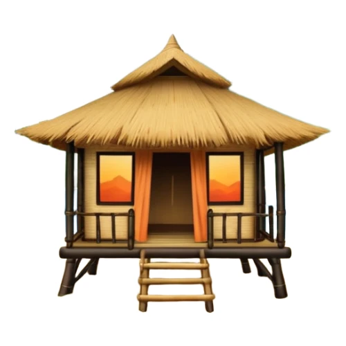 bamboo hut with volcano in the back in Volcano Island  sticker