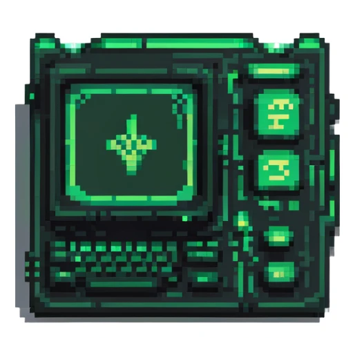 32x32 cyberpunk terminal icon with green code glowing, retro computer style sticker