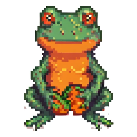chubby pixel art frog with persimmon orange skin, sitting and smiling sticker