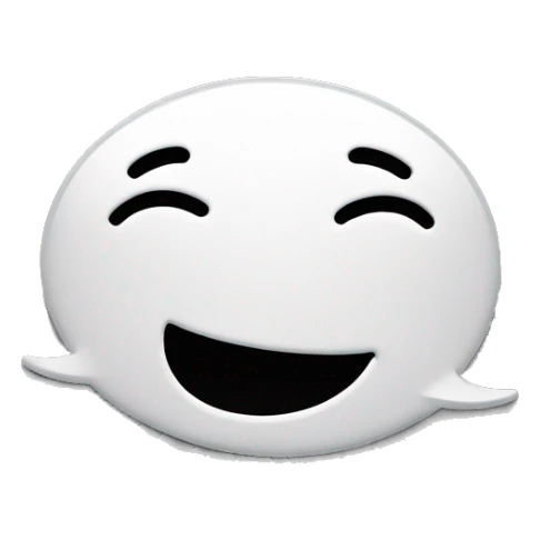 A white speech bubble icon with a happy, smiling face. The face has closed eyes and a wide, open-mouth smile, giving it a cheerful and content expression. The background is black sticker