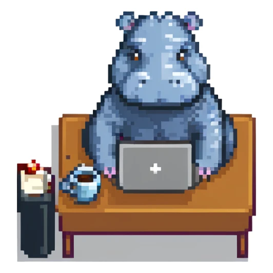 A cartoon hippopotamus who sits at a laptop and drinks coffee sticker