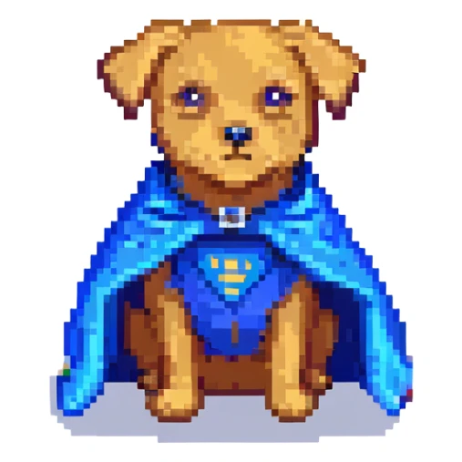 A pixel art style emoji of a super dog with a blue cape. sticker