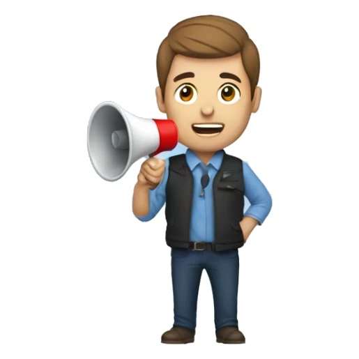 Finance bro with brown short flow hair and puffer vest over blue shirt speaking into a megaphone sticker