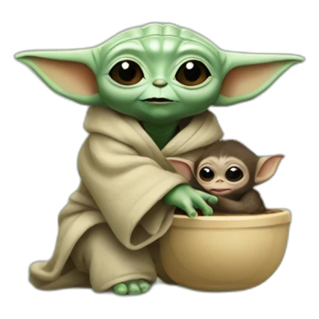 baby yoda abraçando um macaco filhote sticker