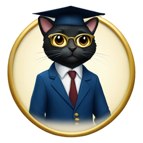 The student is a black-furred cat in gold glasses, a dark blue suit and a square academic dark blue cap sticker