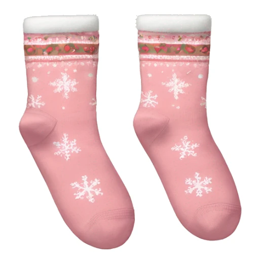 a pair of light pink socks adorned with a christmas pattern sticker