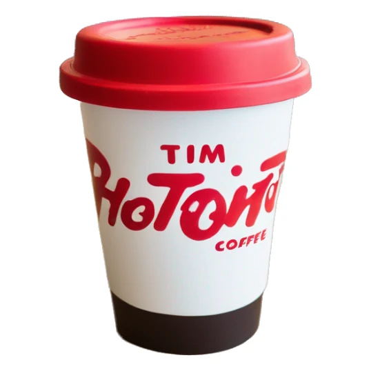 “Red Tim Hortons coffee cup with large white ‘Tim Hortons’ logo in script, black plastic lid, and a simple, clean design.” sticker